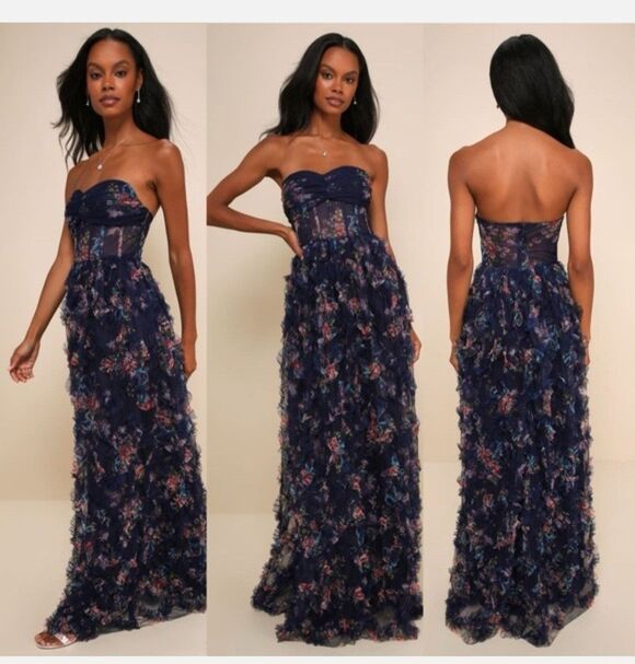 Lulu's Dresses & Skirts - LULUS Stunning Element Navy Floral Mesh Ruffled Strapless Maxi Dress Size Small